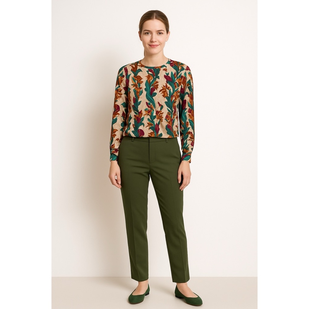 Nicola Floral Print Blouse Pullover Long Sleeves Silky Beige Green Red, Size 10